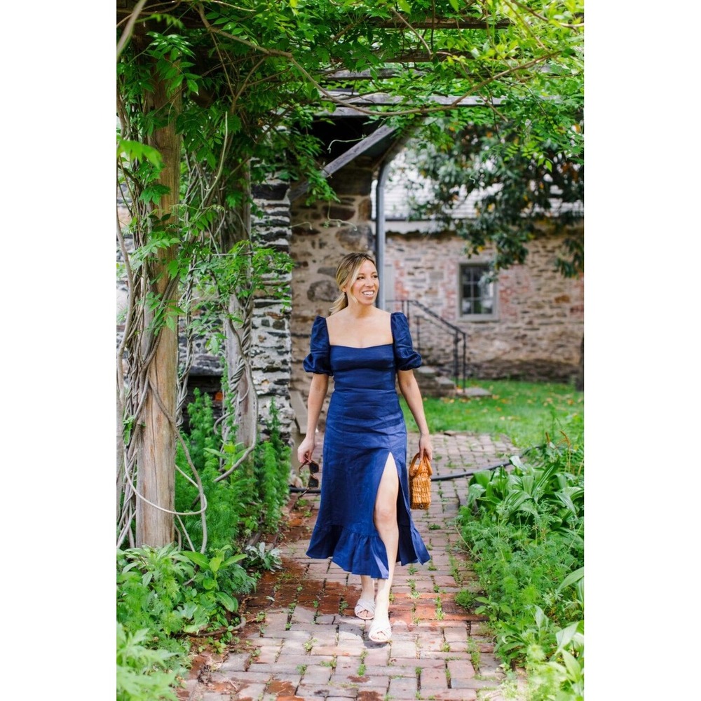 Reformation Belgium Linen Midi Dress Size 2 Navy Puff Sleeve Slit